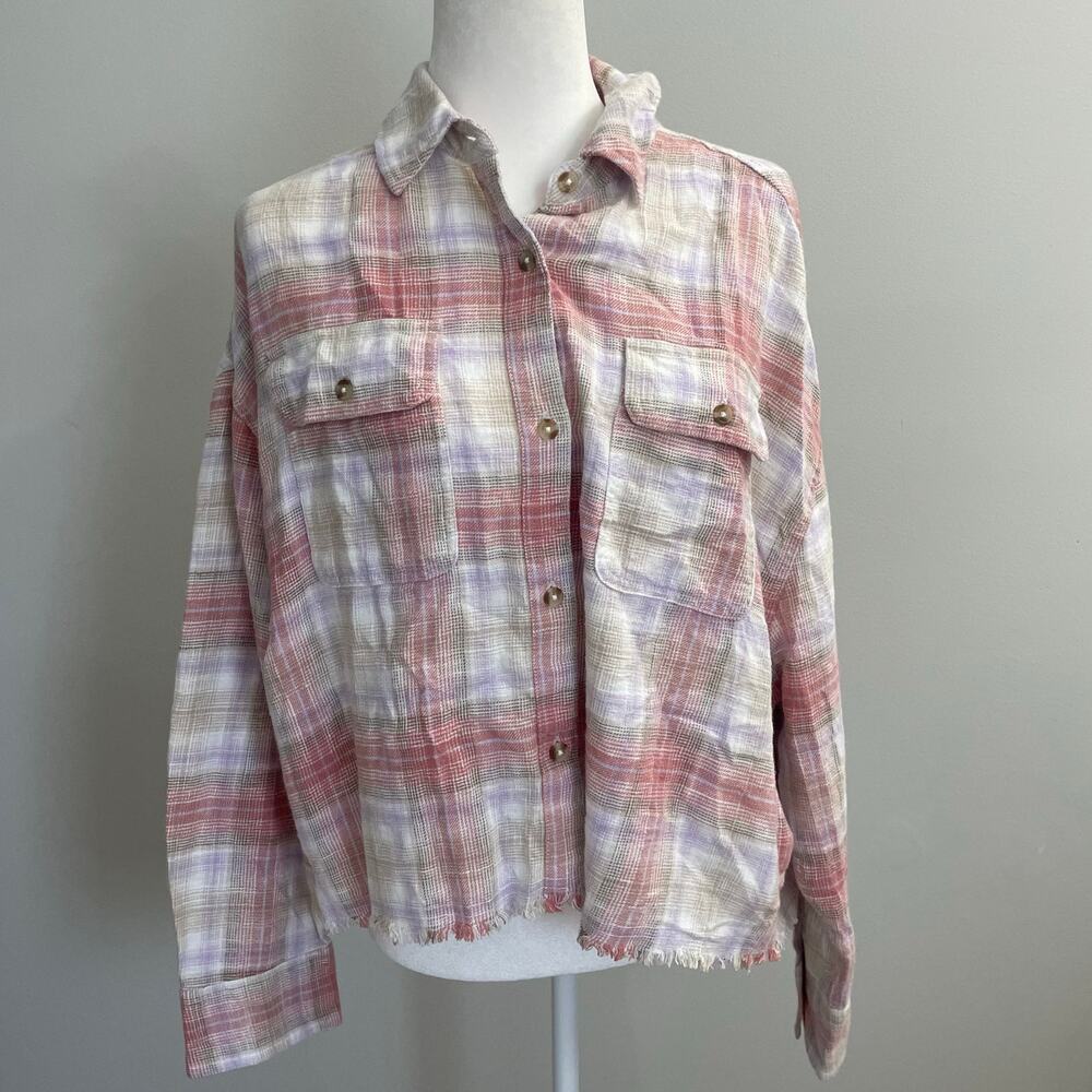 Aeropostale Women’s Pastel Plaid Flannel Cropped Longsleve Shirt Sz Medium